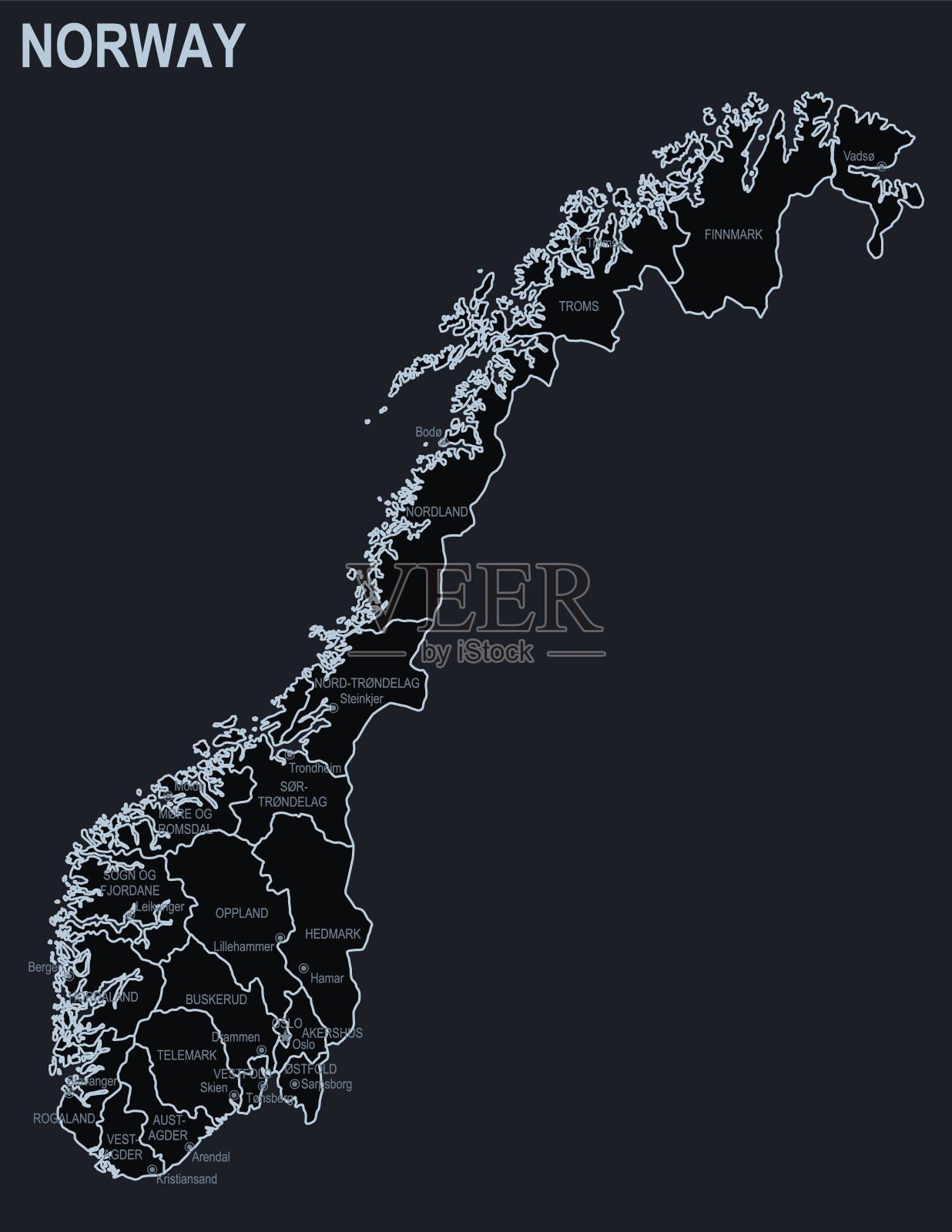 挪威的平面地图与城市和地区在一个黑色的背景插画图片素材