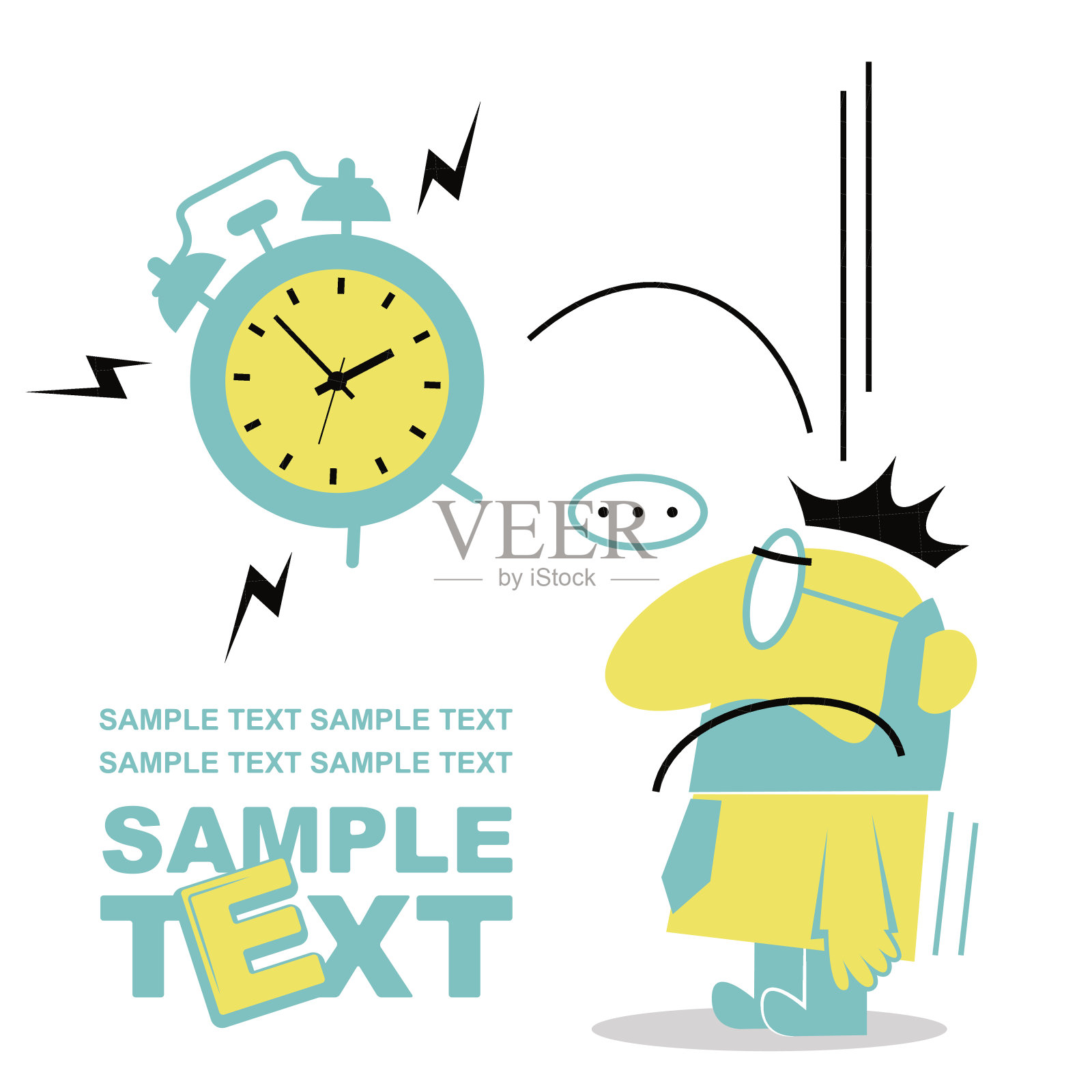 闹钟(时间)坠落(投掷)击中忧虑的商人(工程师，男人)的头，时间压力和管理理念插画图片素材