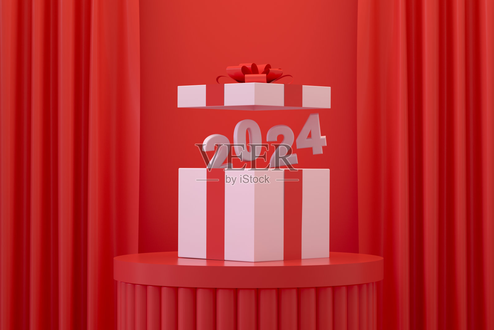 2024飞出红色背景的礼盒照片摄影图片