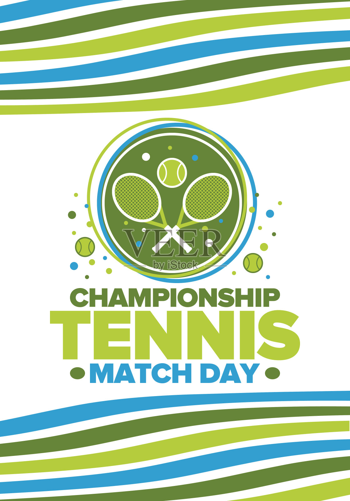 网球锦标赛比赛日。网球拍和网球。锦标赛附加赛和决赛。体育比赛，专业比赛。为赢而玩。网球比赛比分。健身和娱乐海报。矢量图插画图片素材