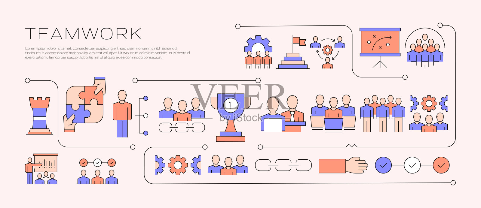 网页、标题、宣传册、年度报告和书籍封面的团队相关线条风格横幅设计插画图片素材