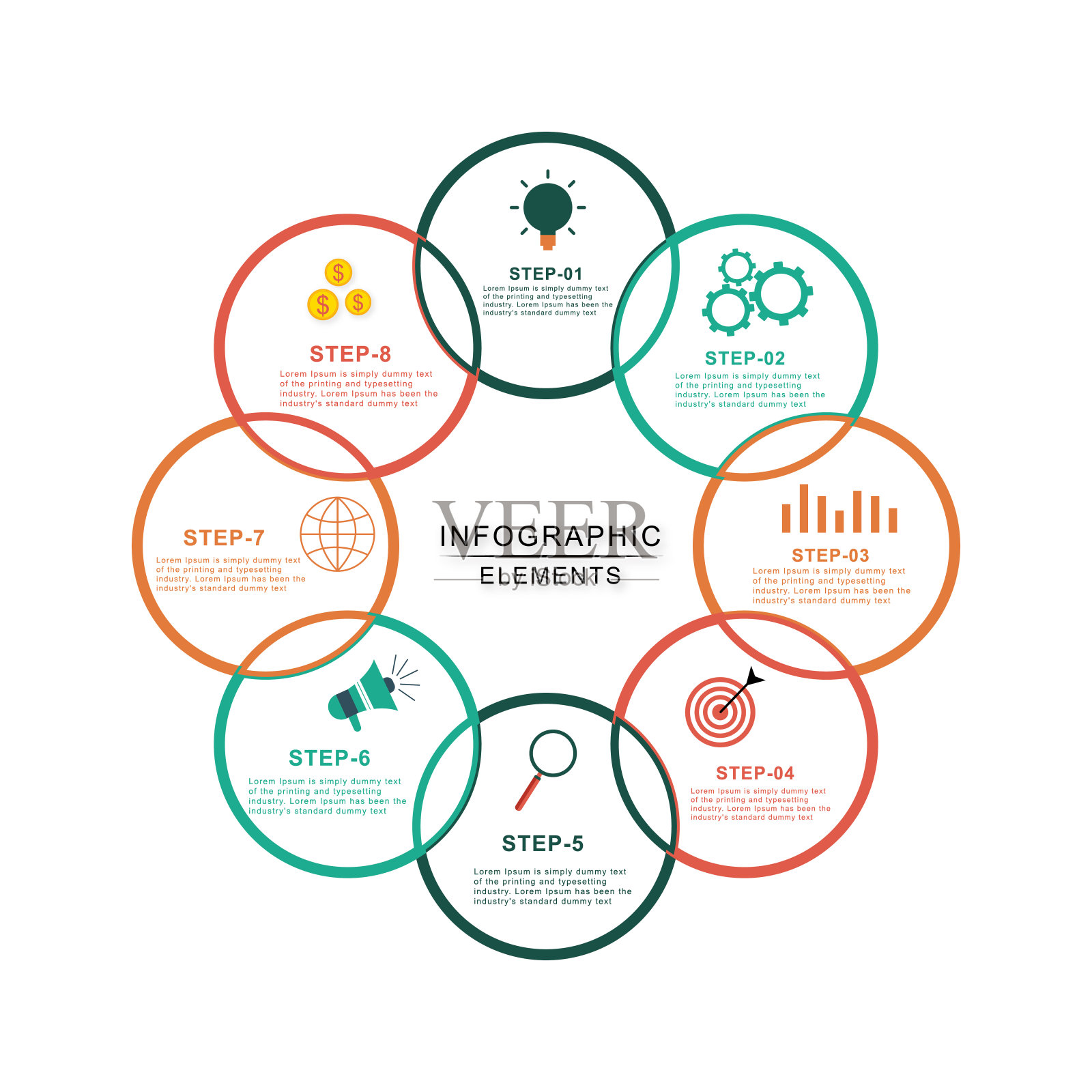 信息图设计元素为您的业务数据与8个选项，部分，步骤，时间表或流程插画图片素材