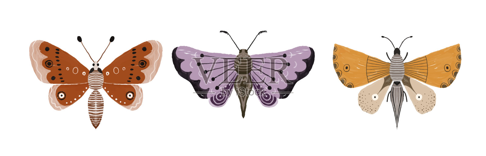 手绘插图与明亮的蝴蝶。昆虫的剪纸艺术。装饰的翅膀。夏季和春季插图插画图片素材