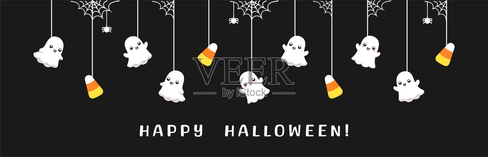 快乐的万圣节边界横幅与幽灵和玉米糖挂在蜘蛛网上。幽灵般的装饰品装饰矢量插图，不给糖就捣蛋派对邀请插画图片素材
