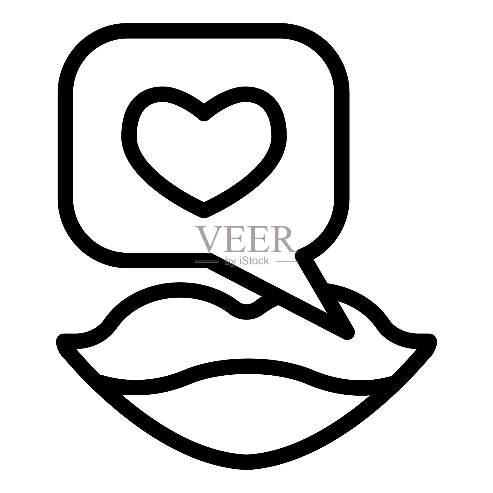 谈论爱情线图标。女人的嘴唇与心在讲话泡泡符号，轮廓风格的象形文字在白色的背景。情人节的移动网页设计。矢量图形。插画图片素材