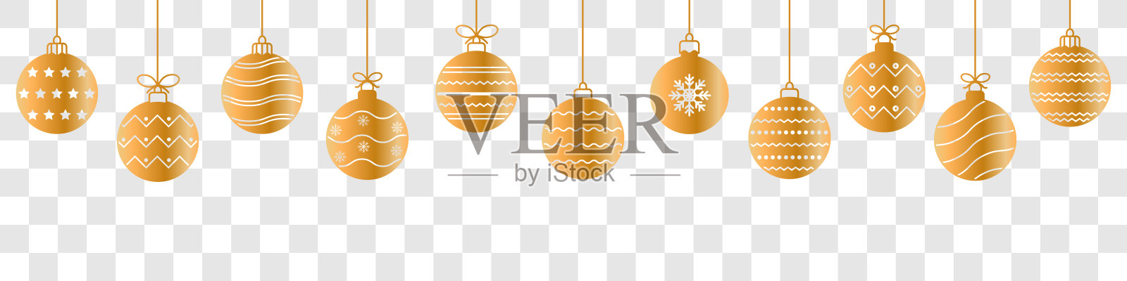 圣诞球金线图标。一套简单的金色圣诞球孤立在透明的背景。节日圣诞装饰。圣诞和新年无缝横幅或边框。插画图片素材
