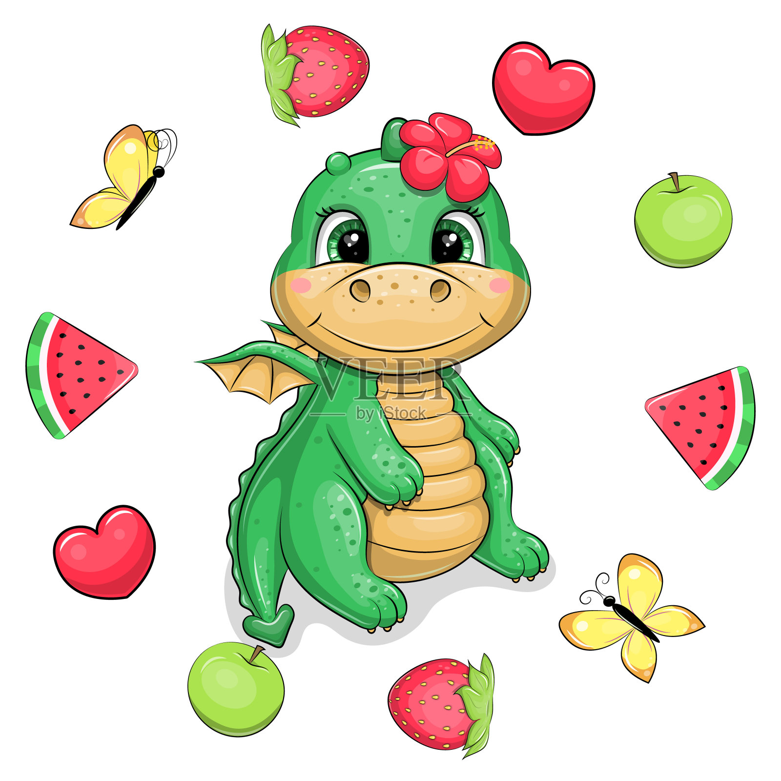 可爱的卡通绿龙与红色的热带花卉和水果框架。插画图片素材