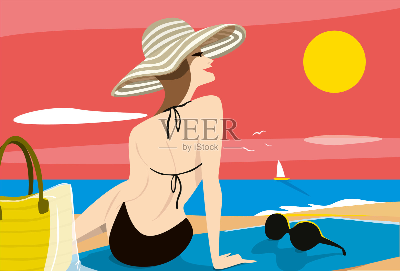 沙滩上的日光浴美女插画图片素材