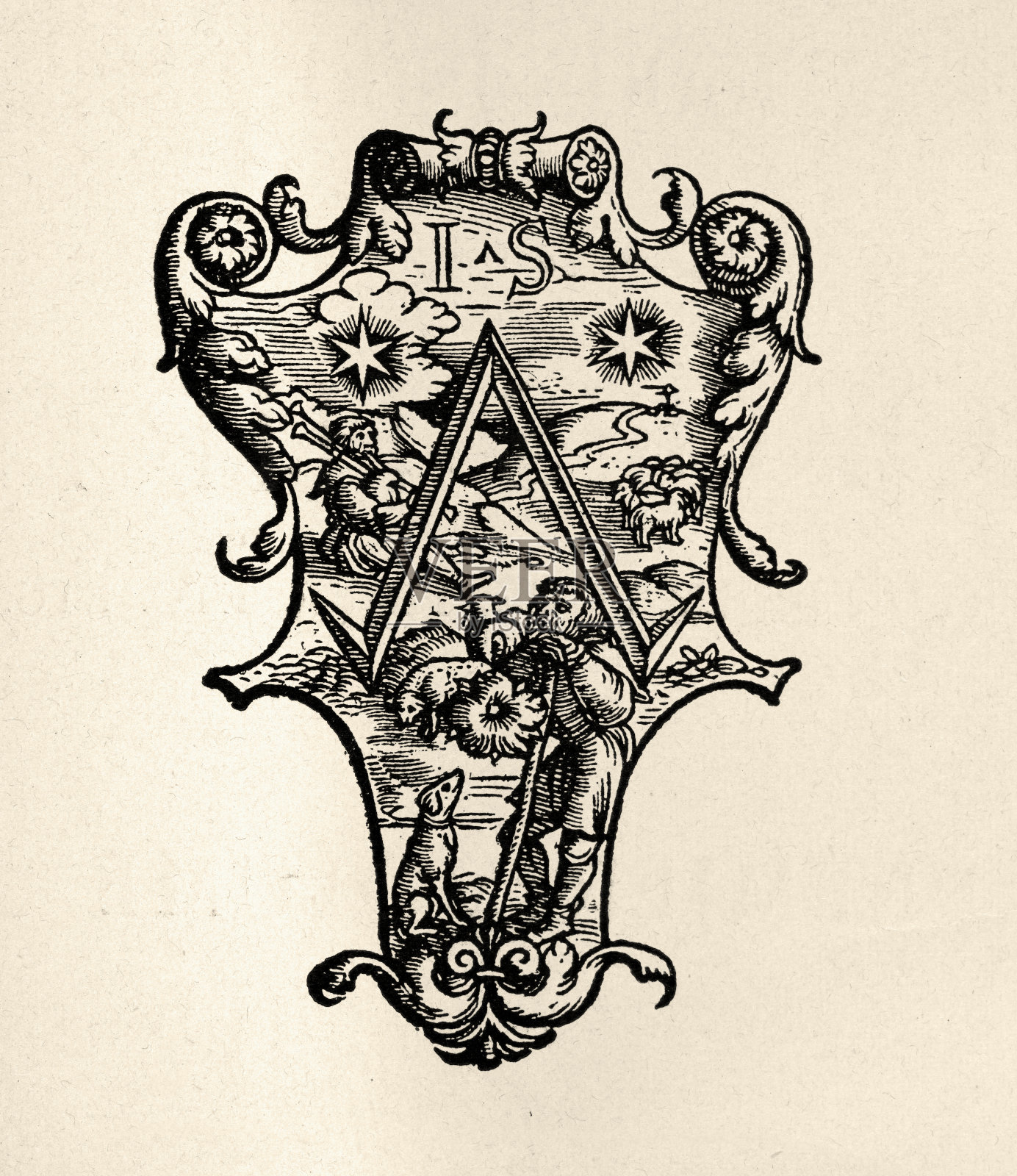 古董插图，16世纪木刻，牧羊人与牧羊犬和羊群，风笛手，星星插画图片素材