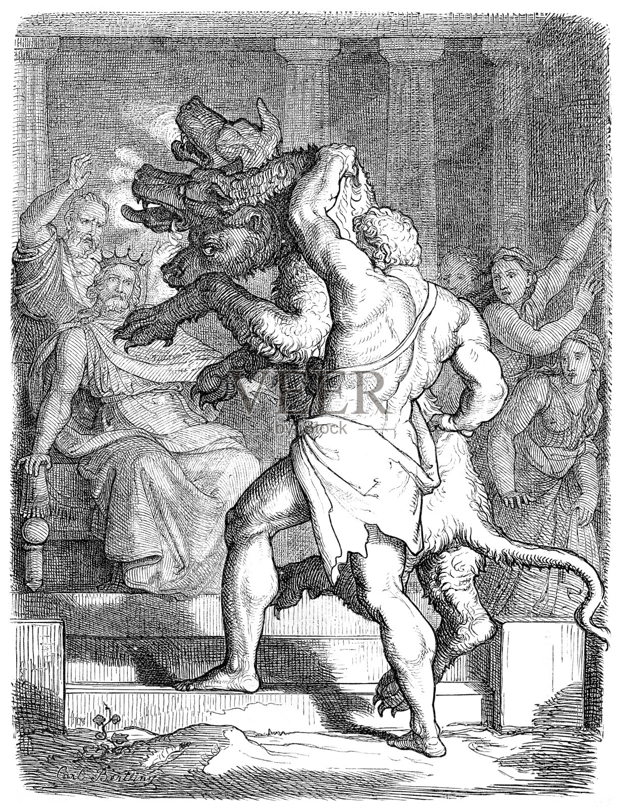 1880年，在Tartaros插图中，赫拉克勒斯与Cerberus进行绑架战斗插画图片素材