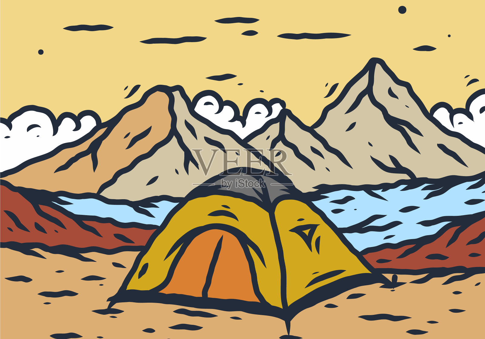 山地露营线艺术绘画插画图片素材