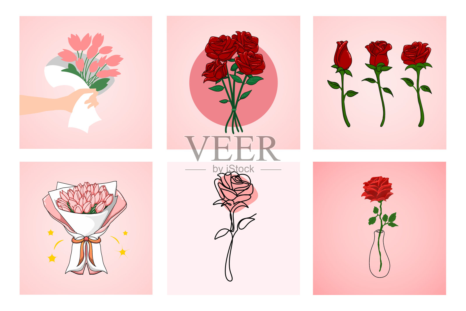 玫瑰和百合花矢量插图集合的Boquet插画图片素材