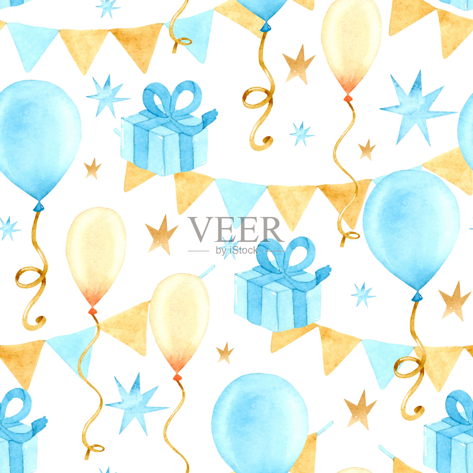生日聚会上的气球和礼物水彩无缝图案插画图片素材