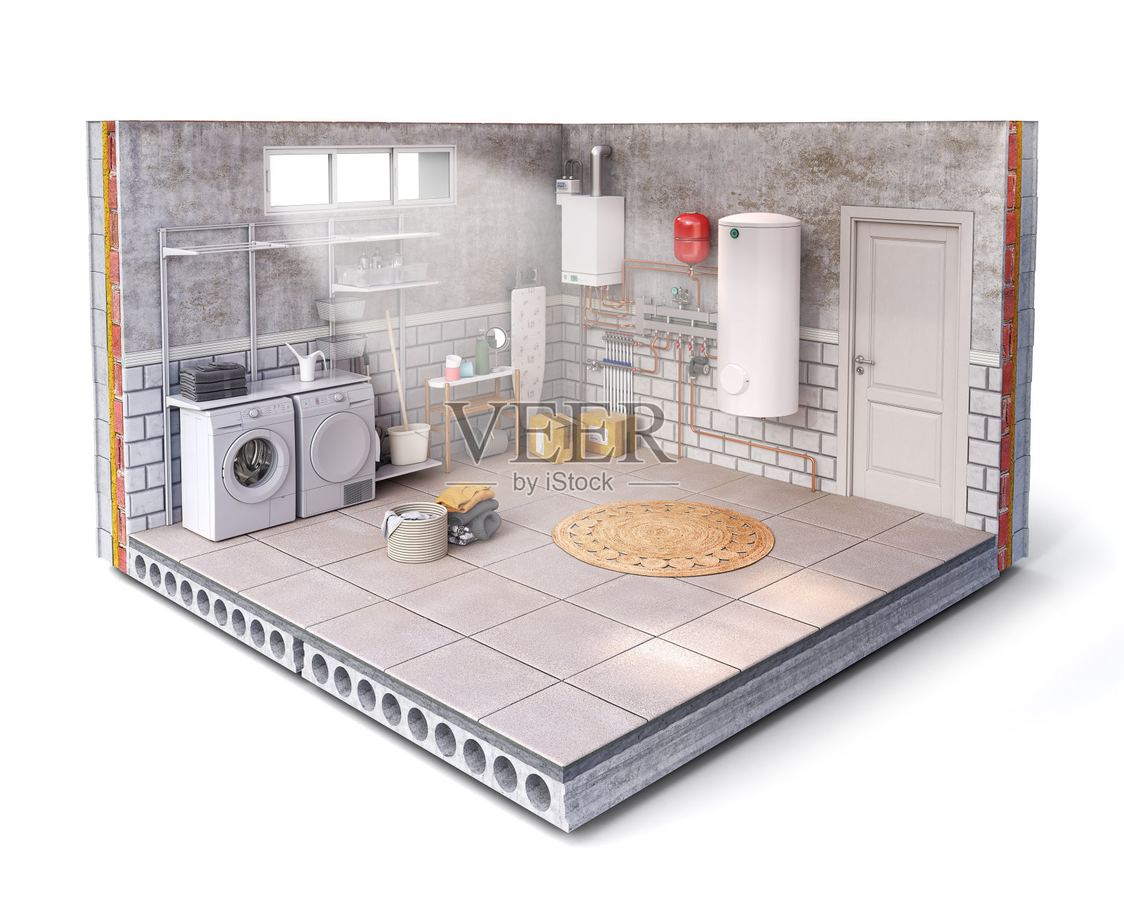 地下室的切片洗衣房的概念，隔离在白色背景上，3d插图照片摄影图片