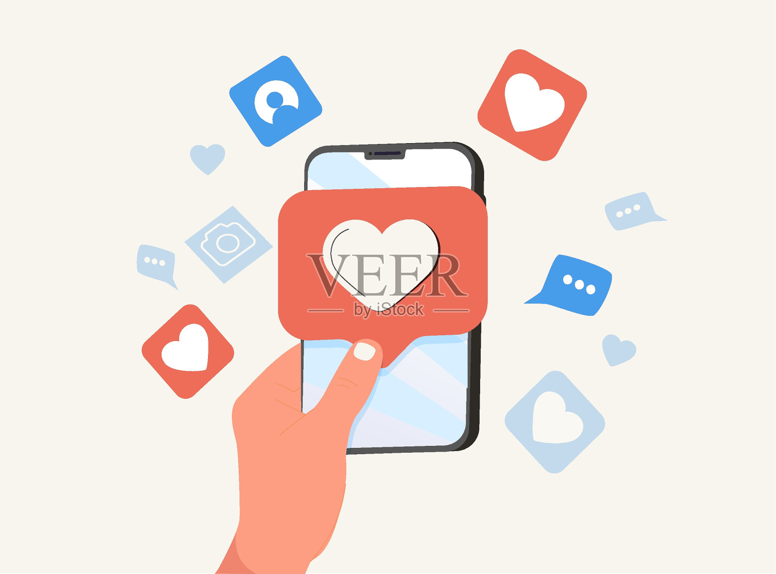 手持智能手机。沟通，邮寄，聊天，社交媒体成瘾的概念。手绘潮流矢量插画图片素材