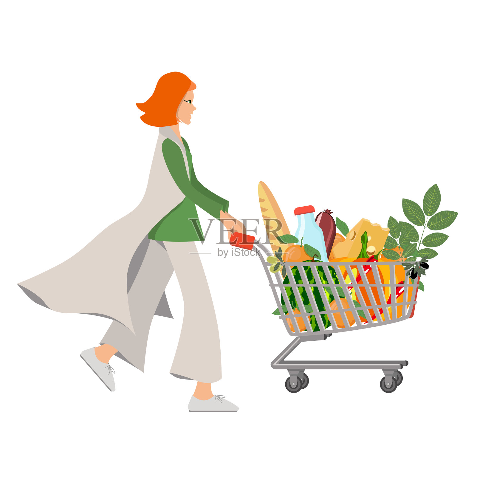 一个女孩用手推车推着杂货插画图片素材