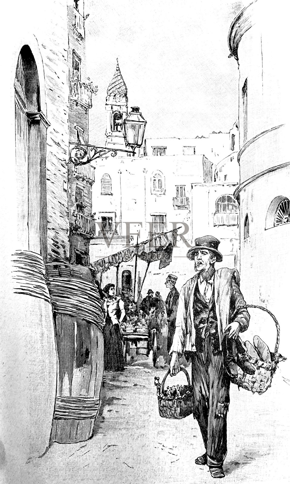 意大利那不勒斯街景：男子出售二手服装插画图片素材