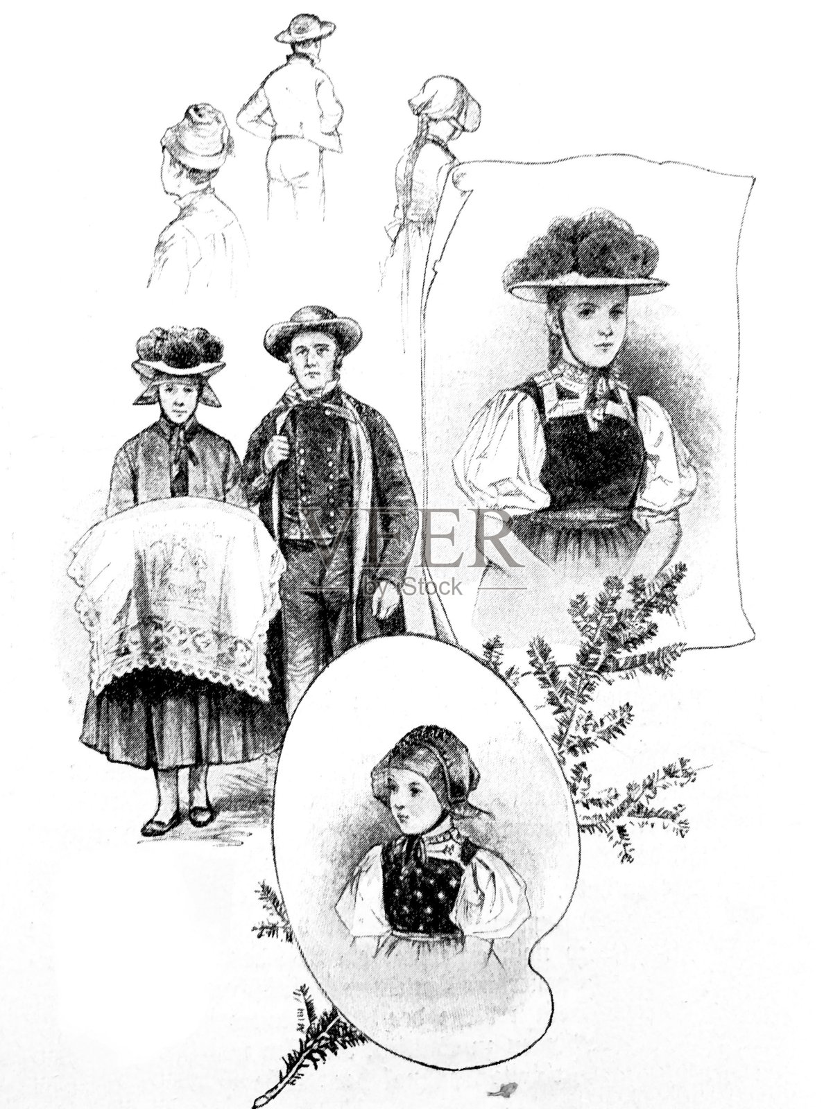 黑森林的传统服饰插画图片素材