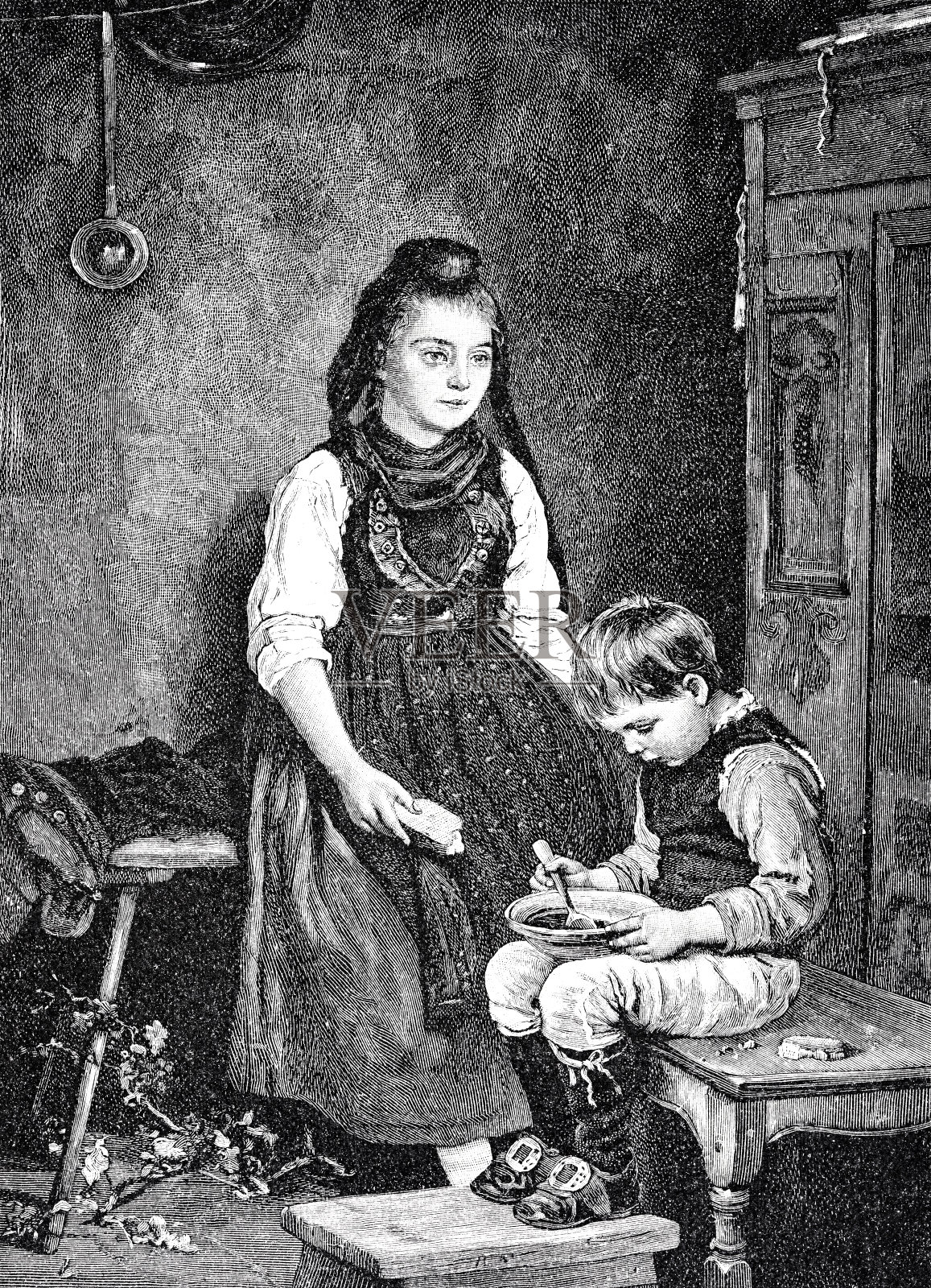 女孩和小男孩坐在厨房里，男孩在喝汤插画图片素材