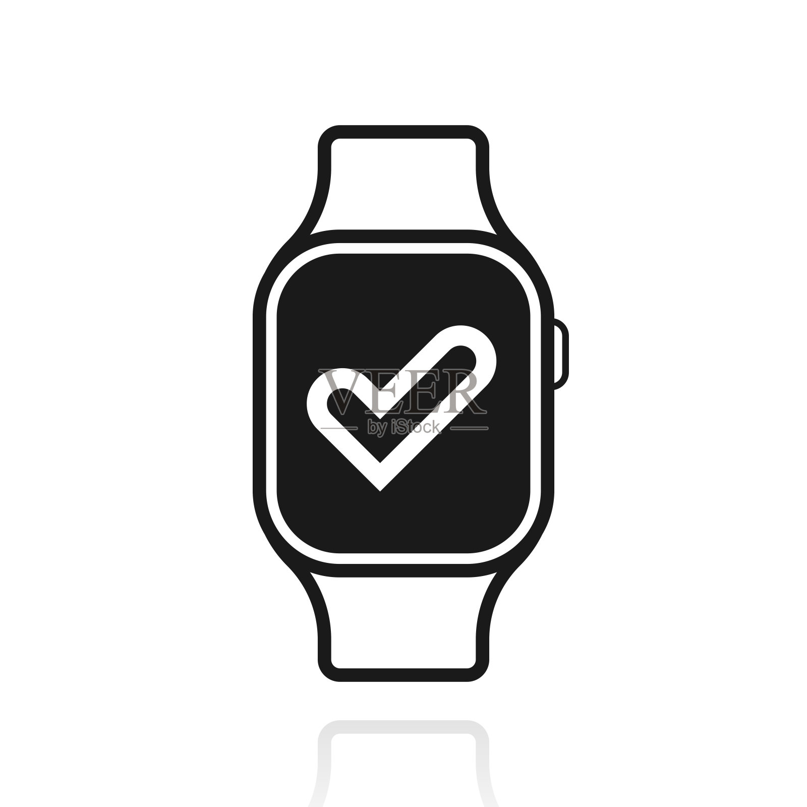 带有复选标记的智能手表。白色背景上反射的图标插画图片素材