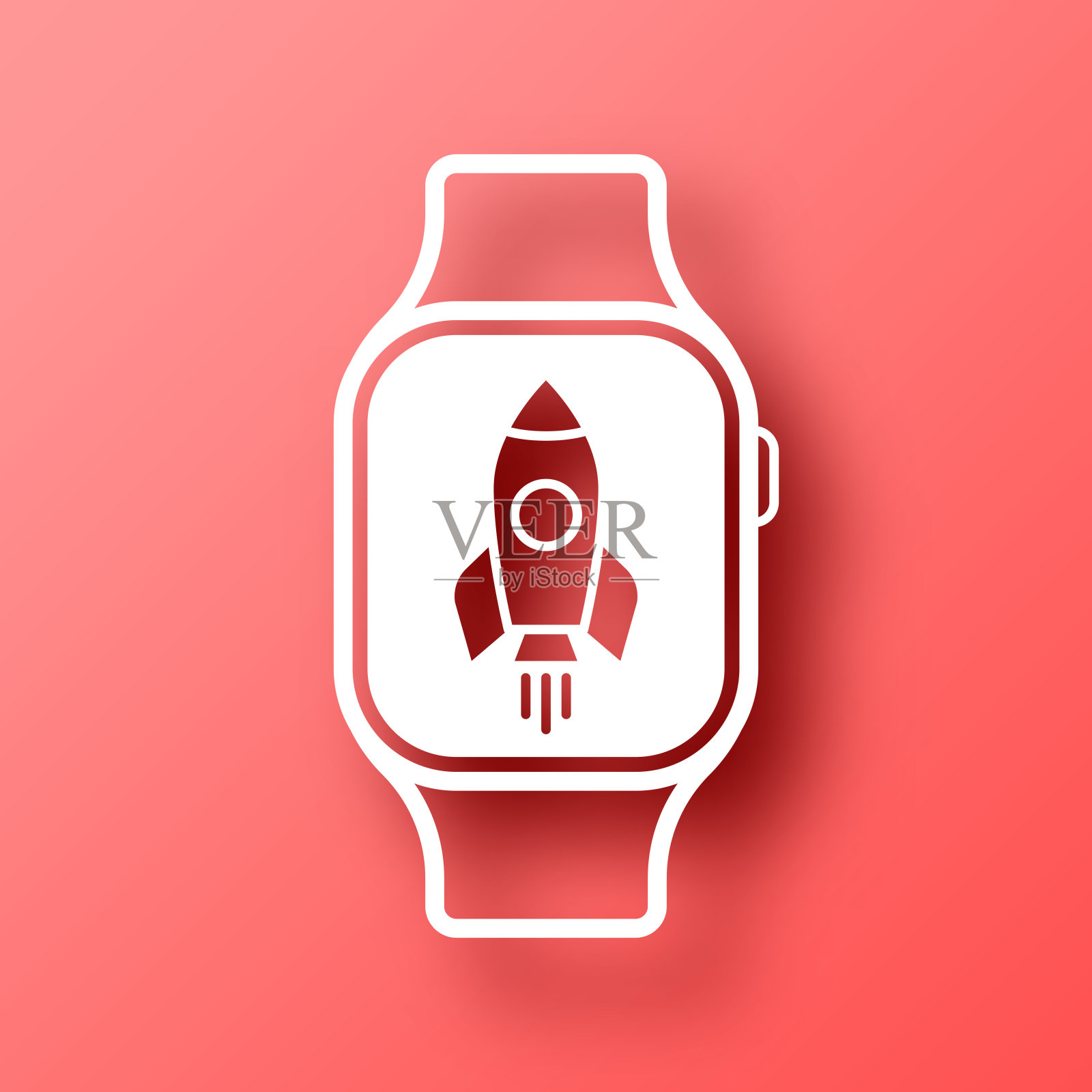 带火箭的智能手表。图标在红色背景与阴影插画图片素材