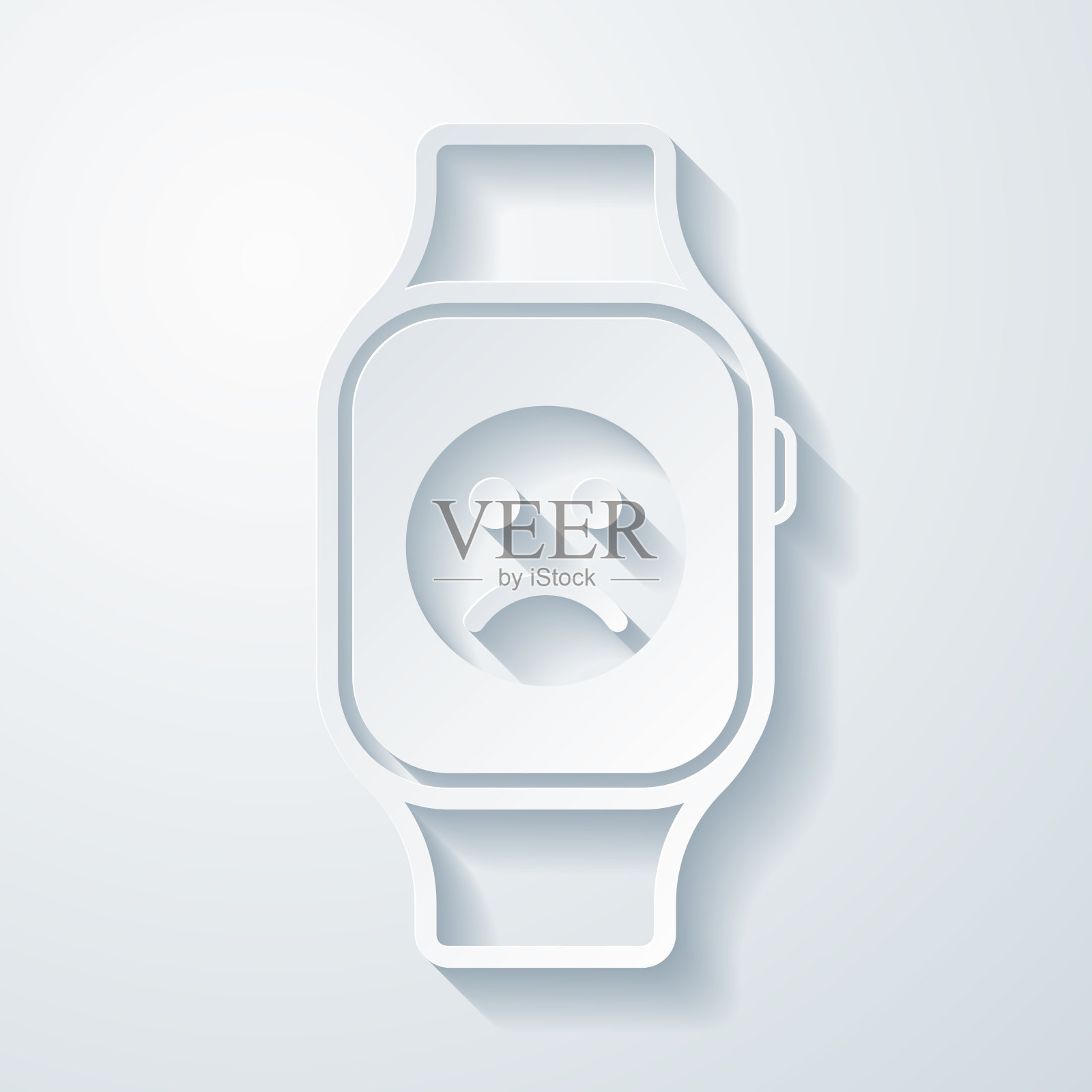 带有悲伤表情的智能手表。空白背景上剪纸效果的图标插画图片素材