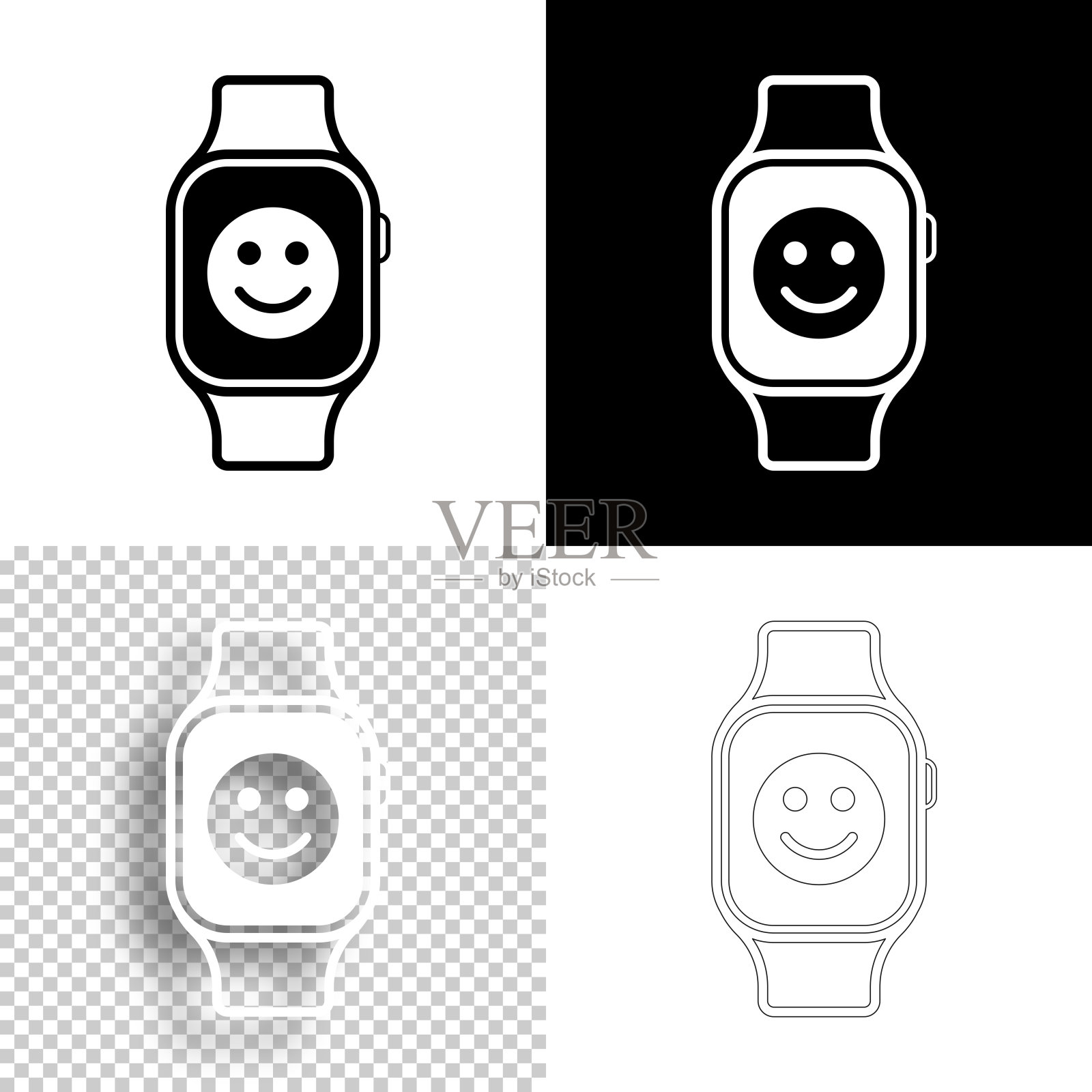 带有快乐表情的智能手表。图标设计。空白，白色和黑色背景-线图标插画图片素材