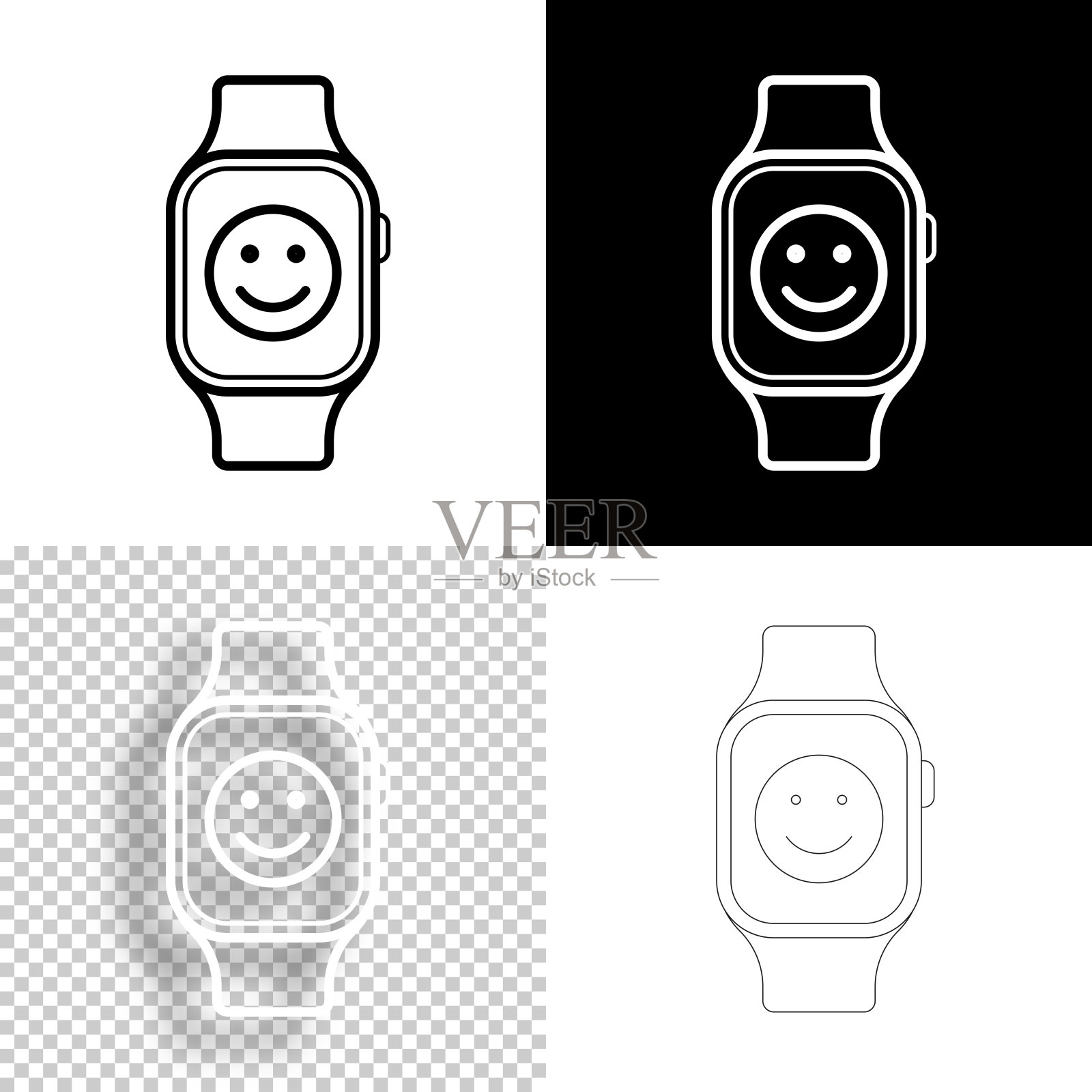 带有快乐表情的智能手表。图标设计。空白，白色和黑色背景-线图标插画图片素材