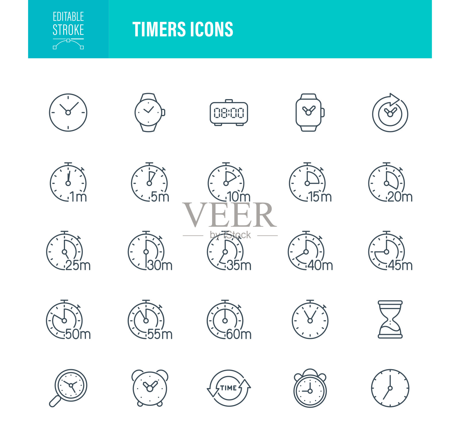 计时器图标可编辑描边。包含时间，时钟，闹钟，沙漏，秒表，定时器，智能手表，时区等图标图标素材