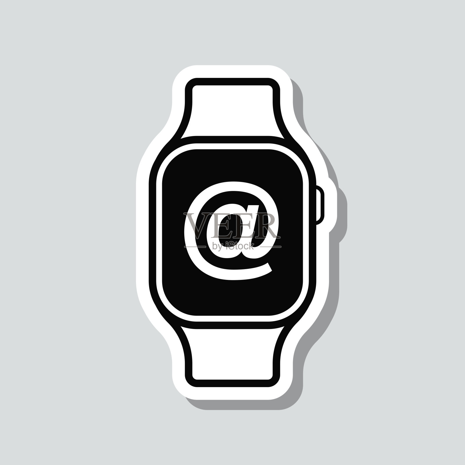 带有At符号的智能手表。图标贴纸在灰色背景插画图片素材