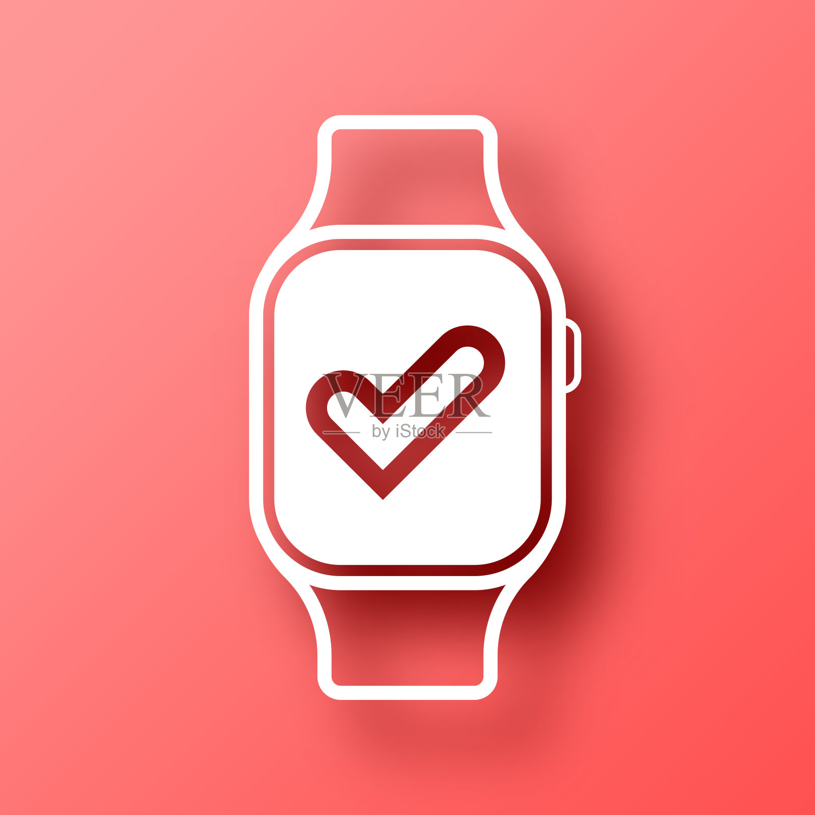 带有勾标记的智能手表。图标在红色背景与阴影插画图片素材