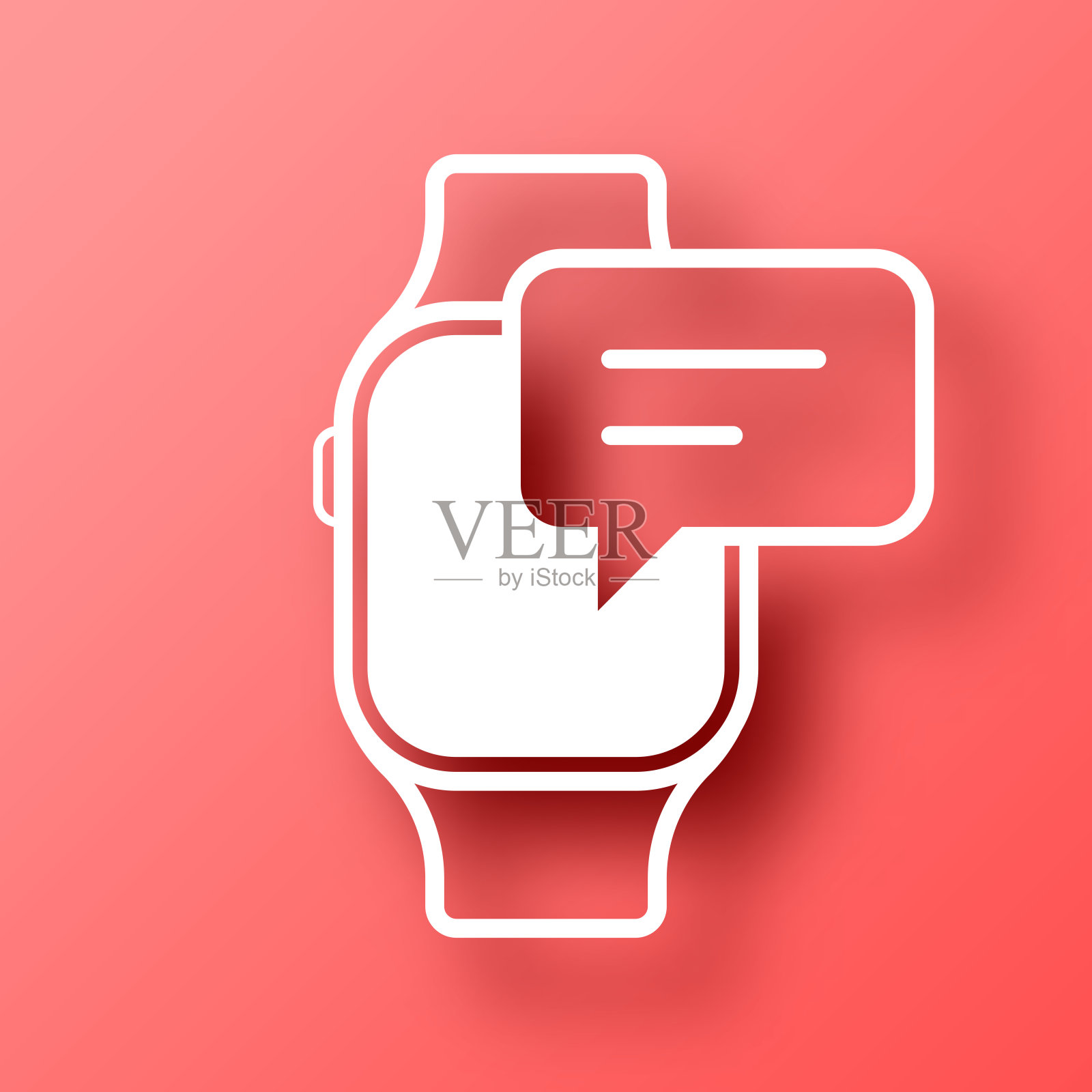 带有语音气泡的智能手表。图标在红色背景与阴影插画图片素材