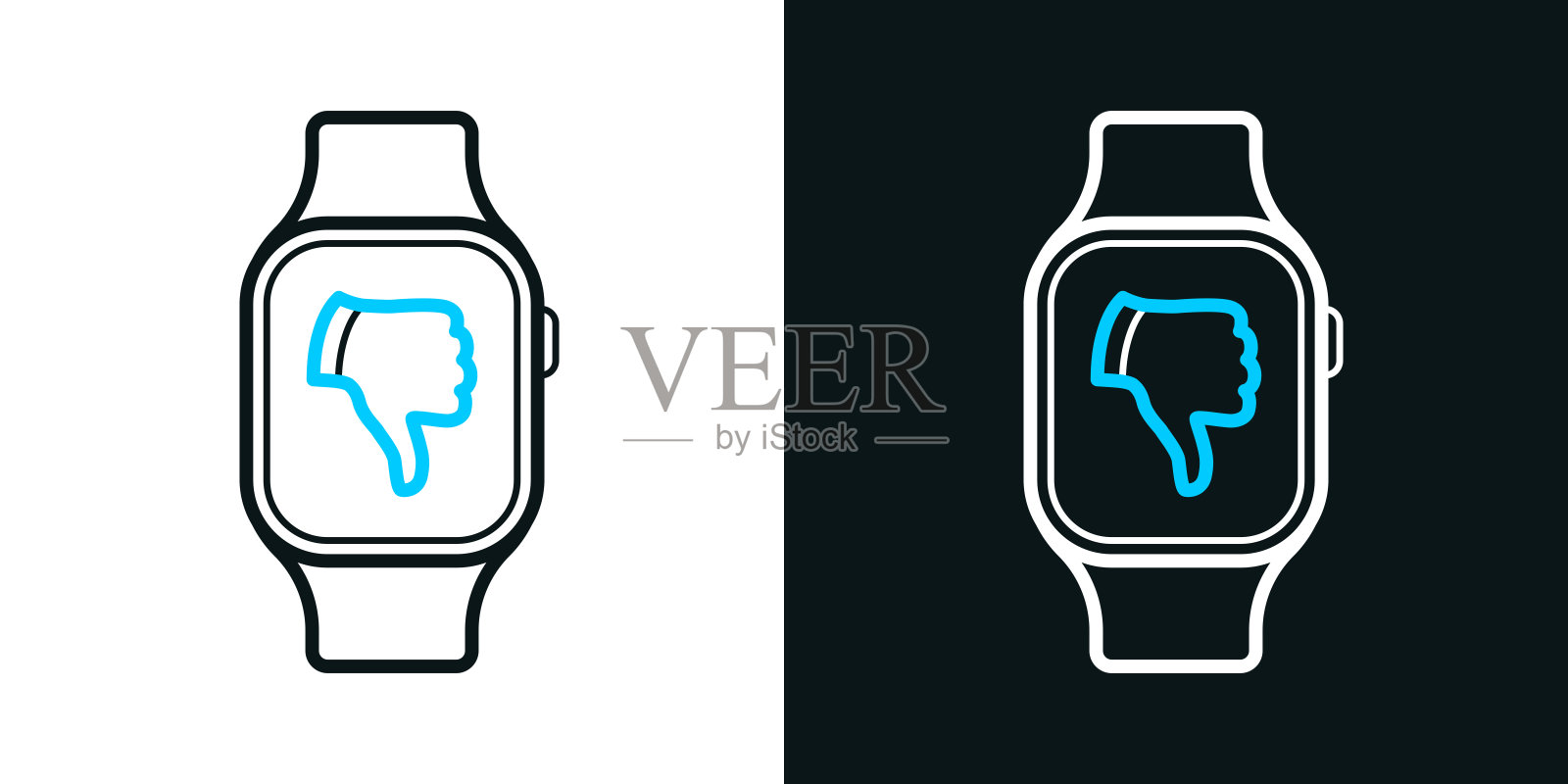拇指朝下的智能手表。黑色或白色背景上的双色线条图标-可编辑笔触插画图片素材