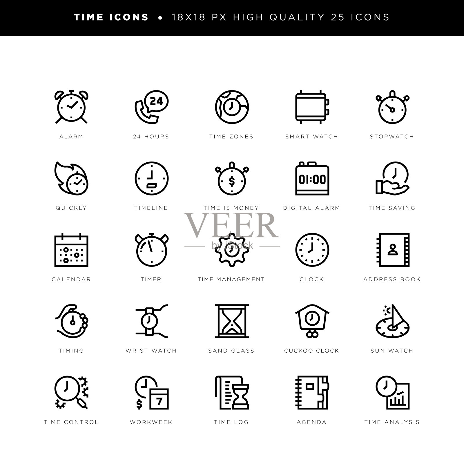 时间图标为闹钟，时区，计时器，时钟，沙漏，秒表，日历等。图标素材