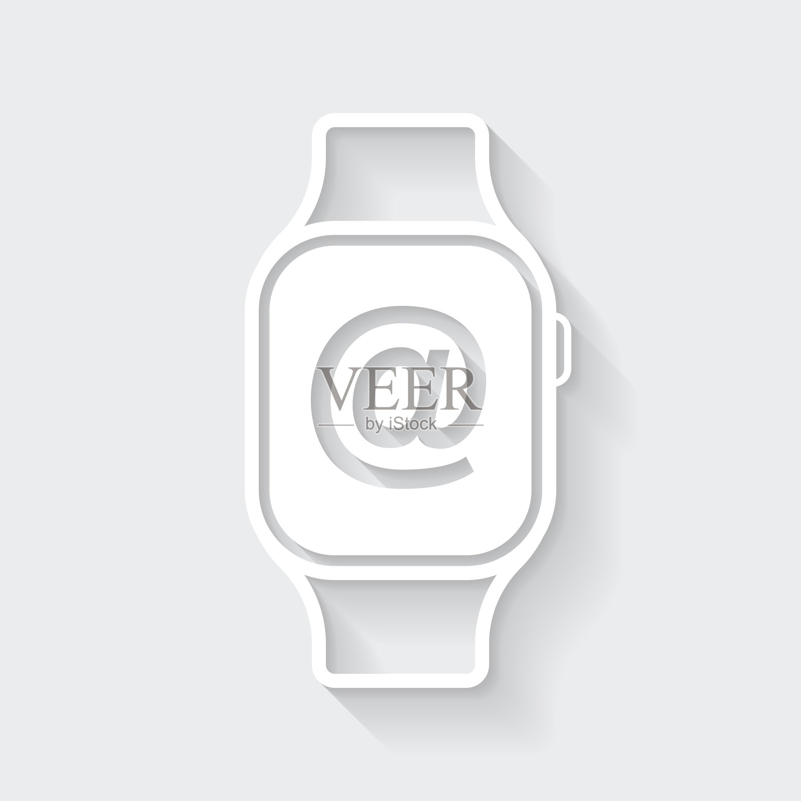 带有At符号的智能手表。图标与空白背景上的长阴影-平面设计插画图片素材