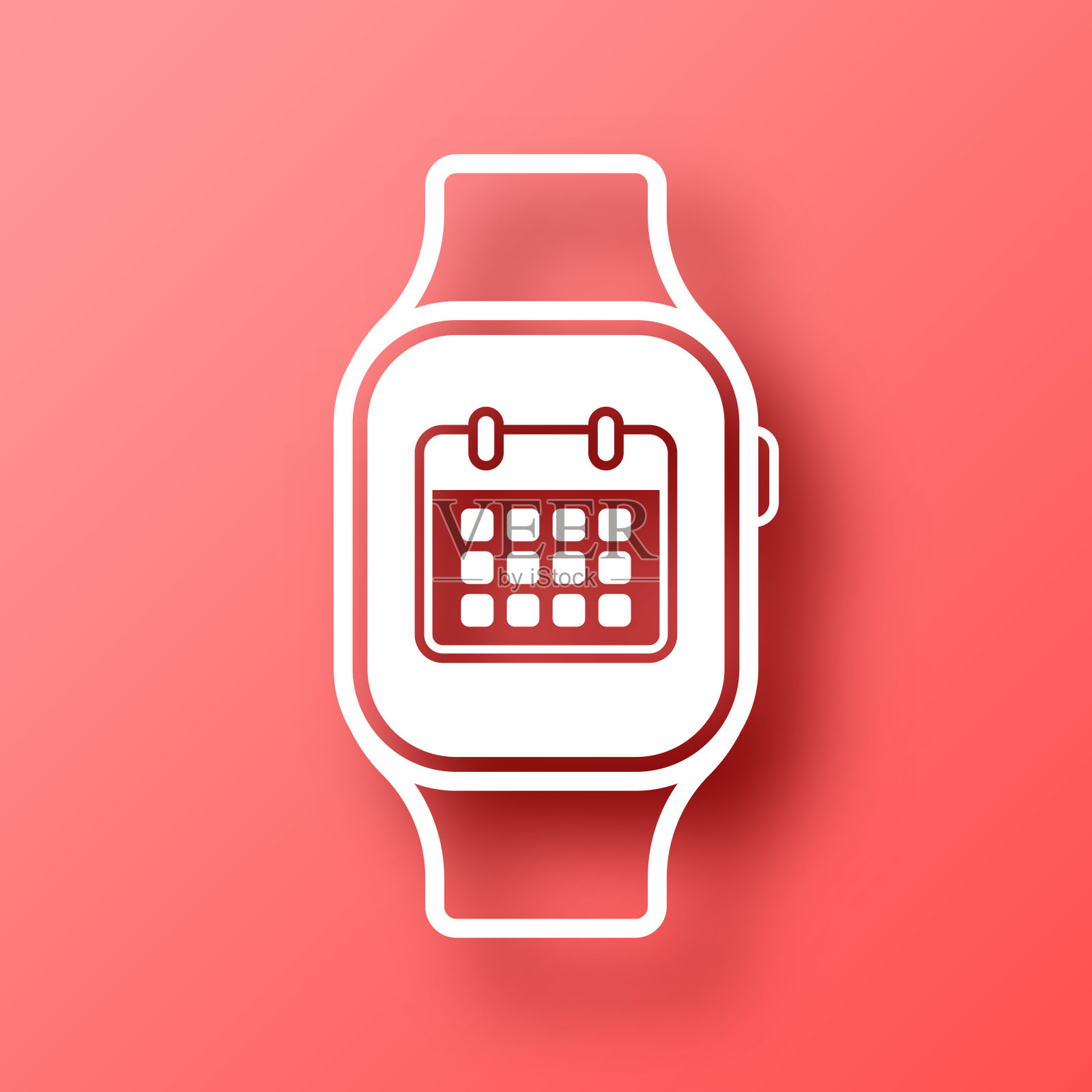 带日历的智能手表。图标在红色背景与阴影插画图片素材