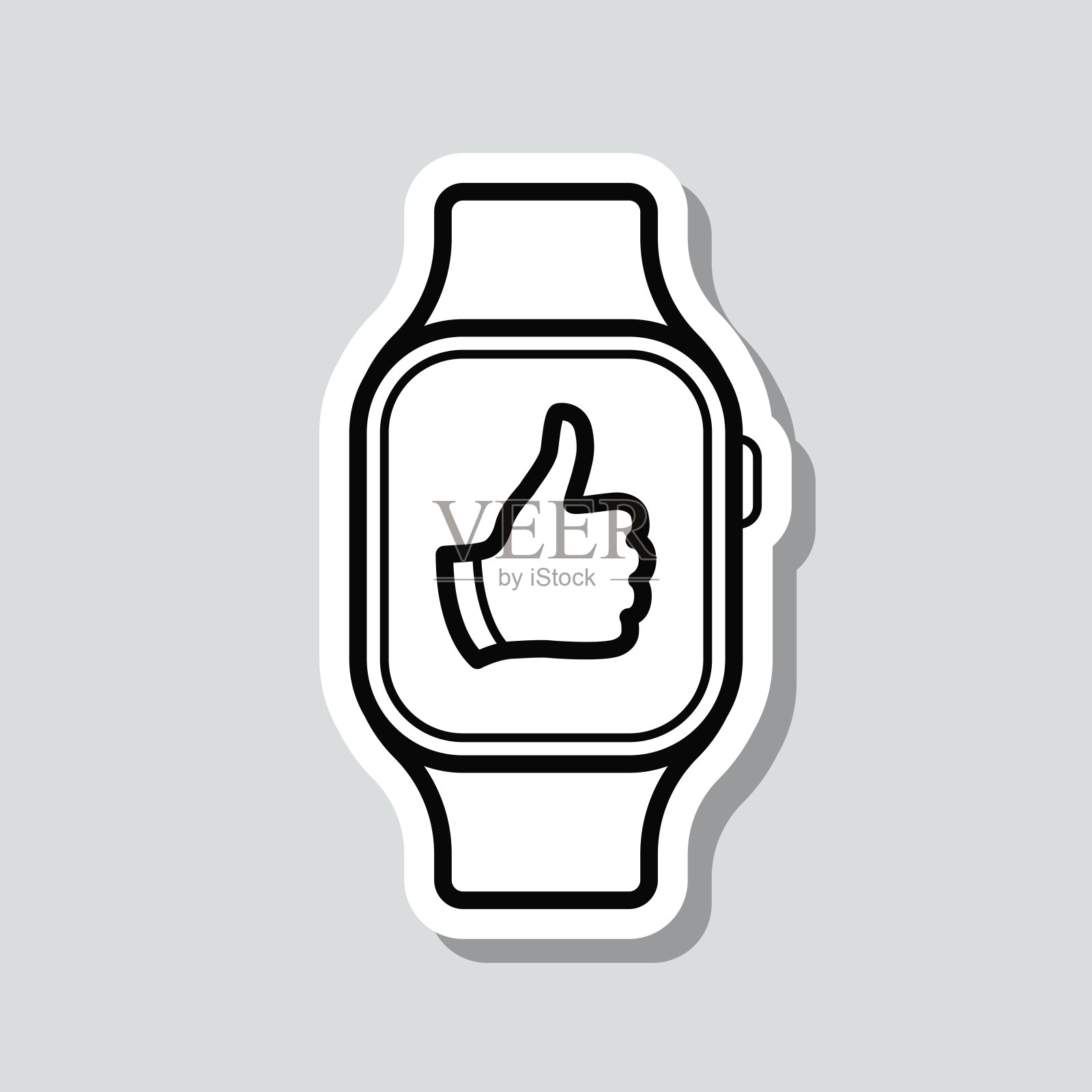 竖起大拇指的智能手表。图标贴纸在灰色背景插画图片素材