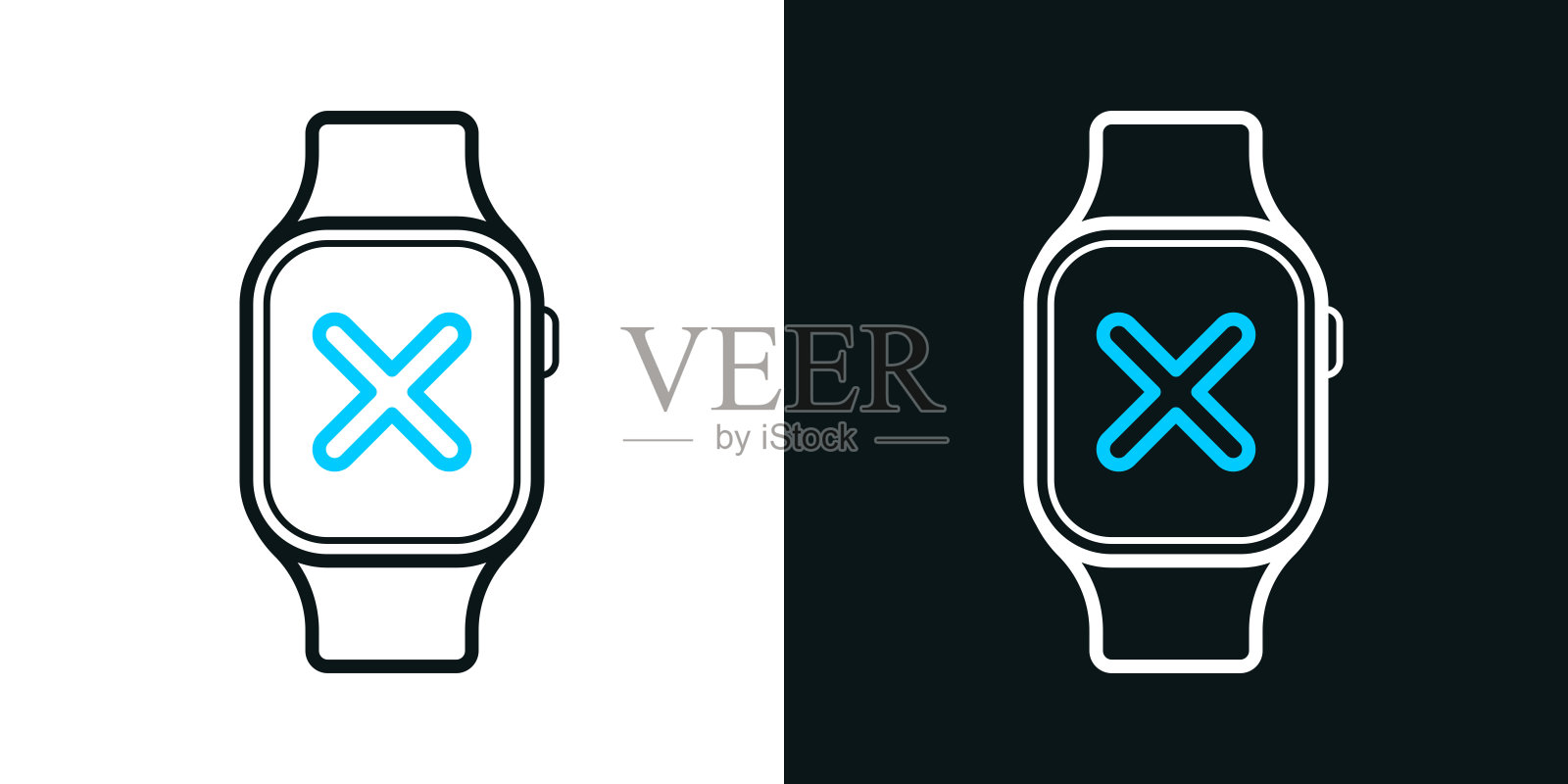 智能手表与十字标记。黑色或白色背景上的双色线图标-可编辑的笔画插画图片素材