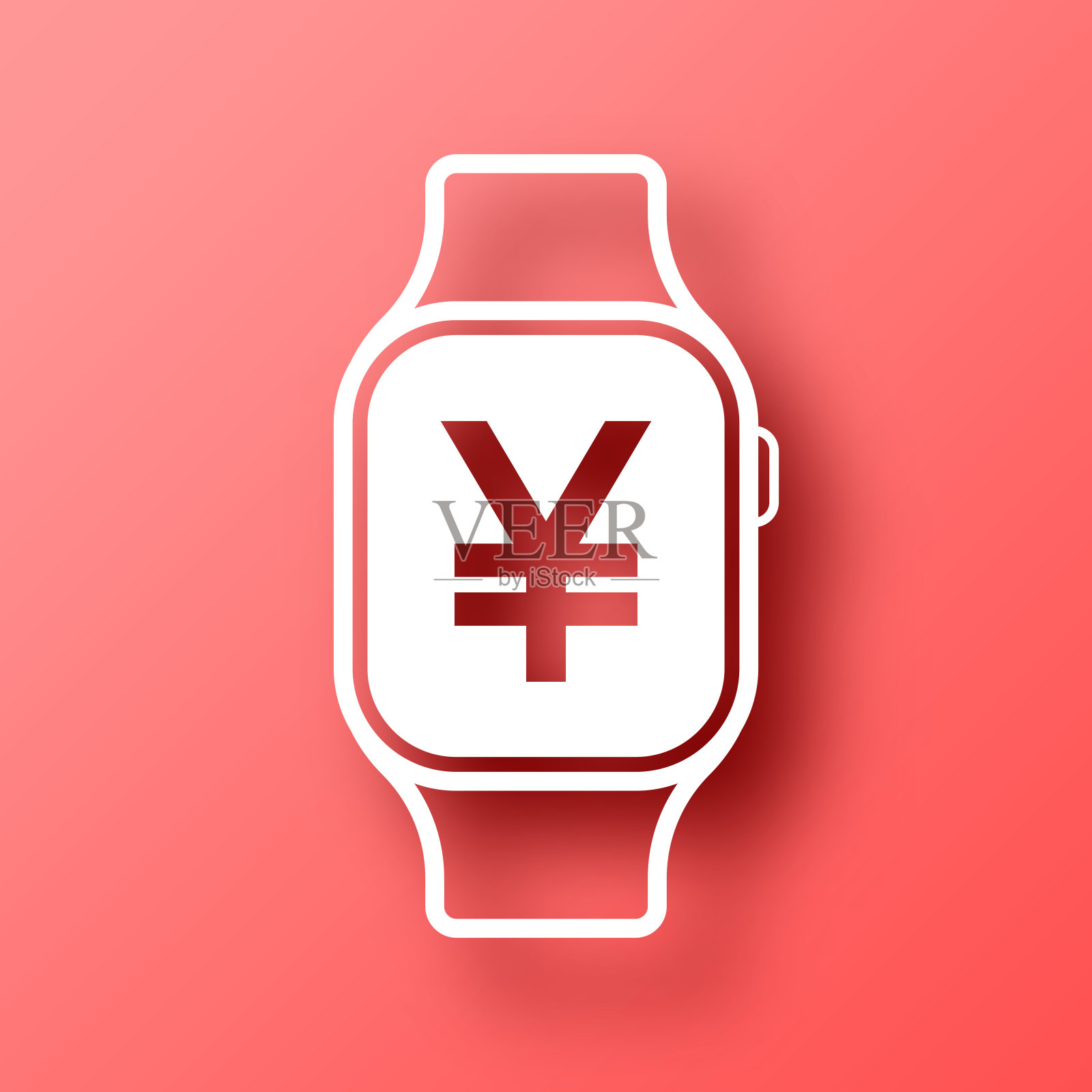 智能手表与日元标志。图标在红色背景与阴影插画图片素材