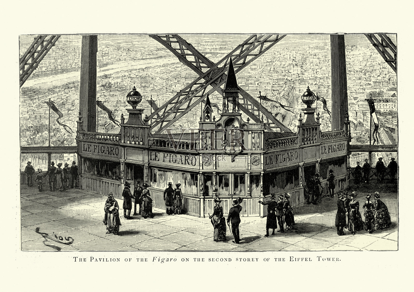 世界博览会埃菲尔铁塔二楼的费加罗馆插画图片素材