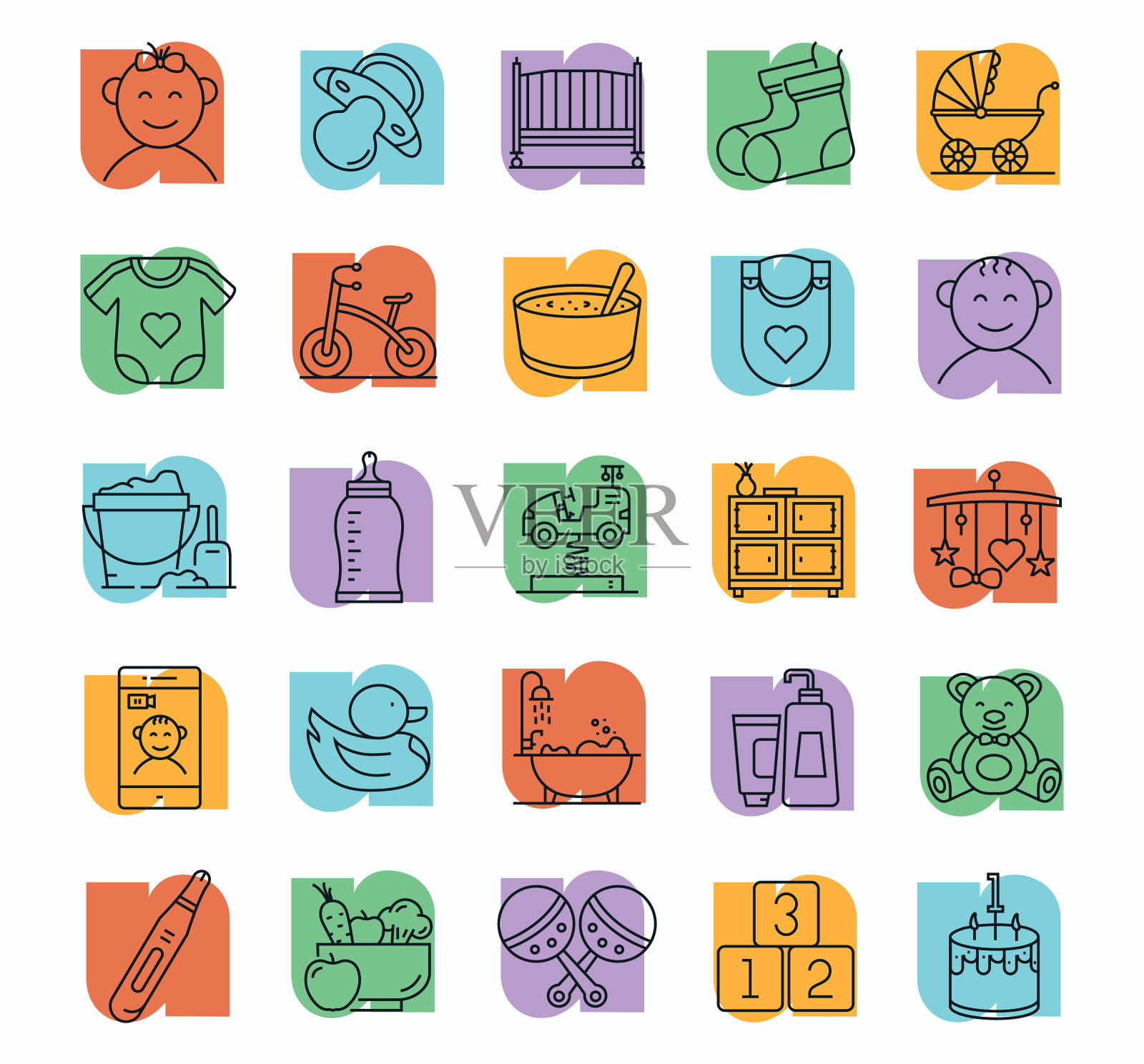 婴儿细线矢量图标集。设计是可编辑的，颜色可以改变。矢量创意图标集:女婴，婴儿床，橡皮鸭，新生儿，奶瓶。图标素材
