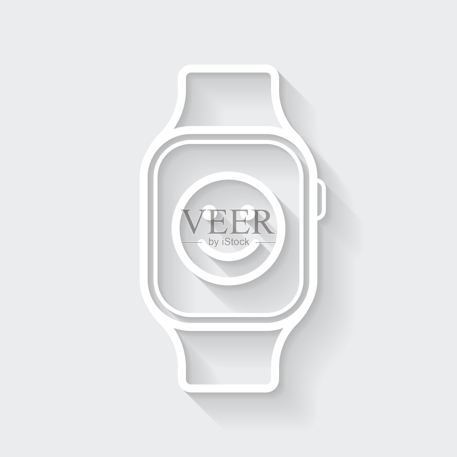 带有快乐表情的智能手表。图标与空白背景上的长阴影-平面设计插画图片素材