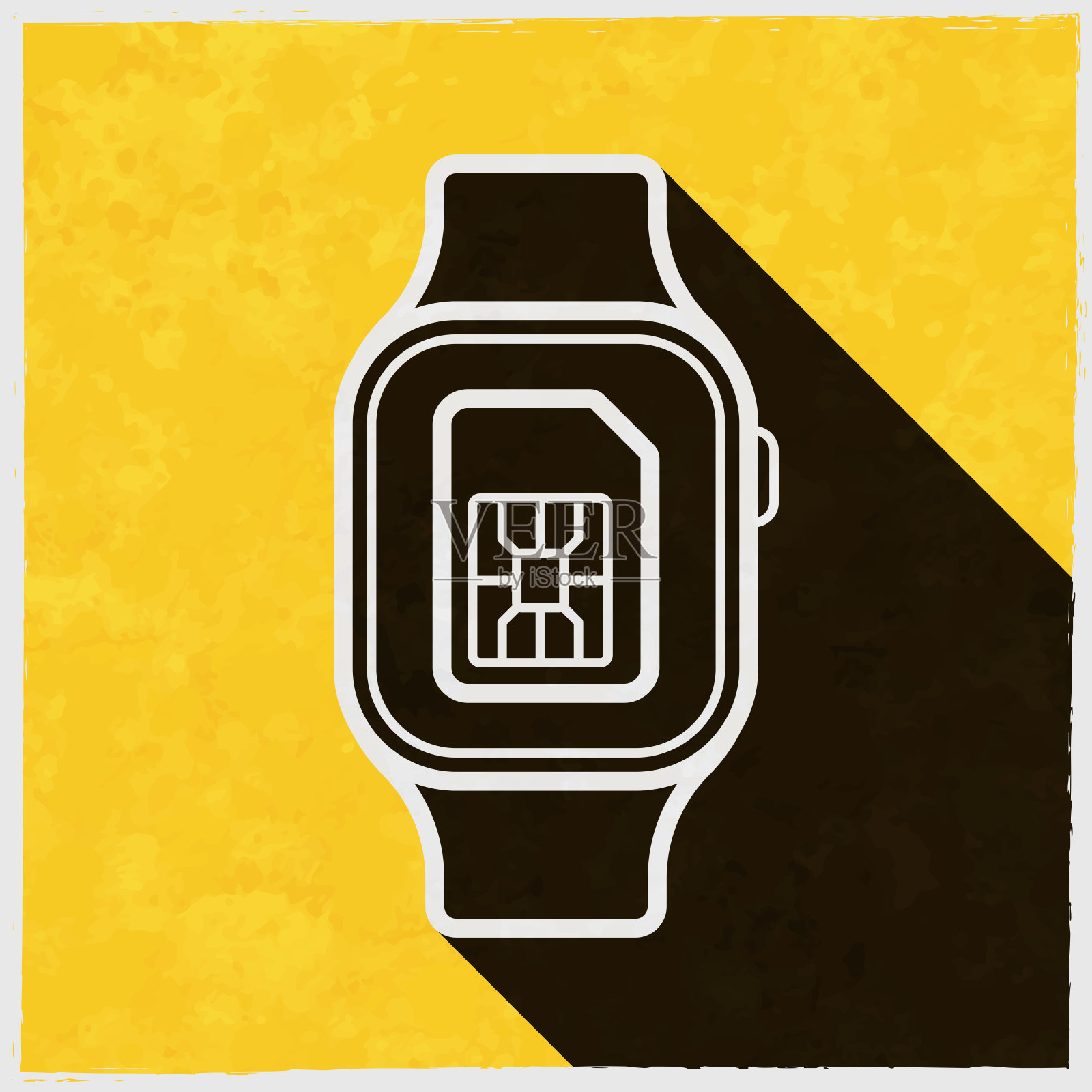 带SIM卡的智能手表。图标与长阴影的纹理黄色背景插画图片素材