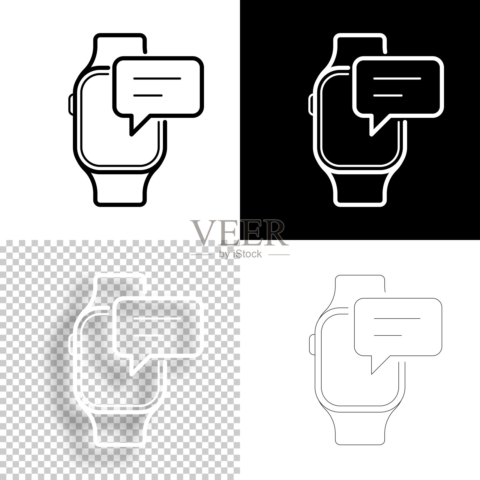 带语音泡泡的智能手表。图标设计。空白，白色和黑色背景-线图标插画图片素材