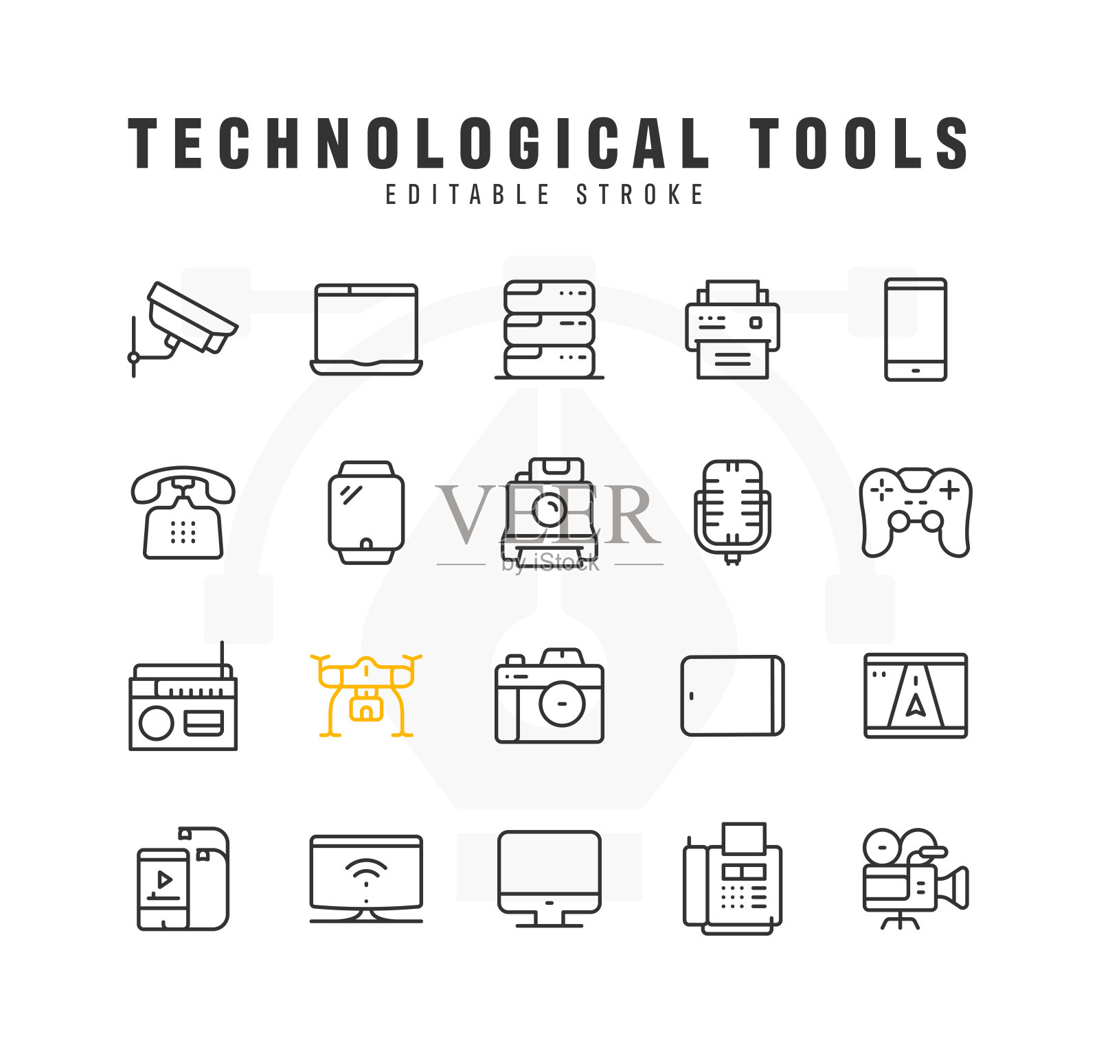 技术工具行图标集。可编辑的中风。像素完美。插画图片素材