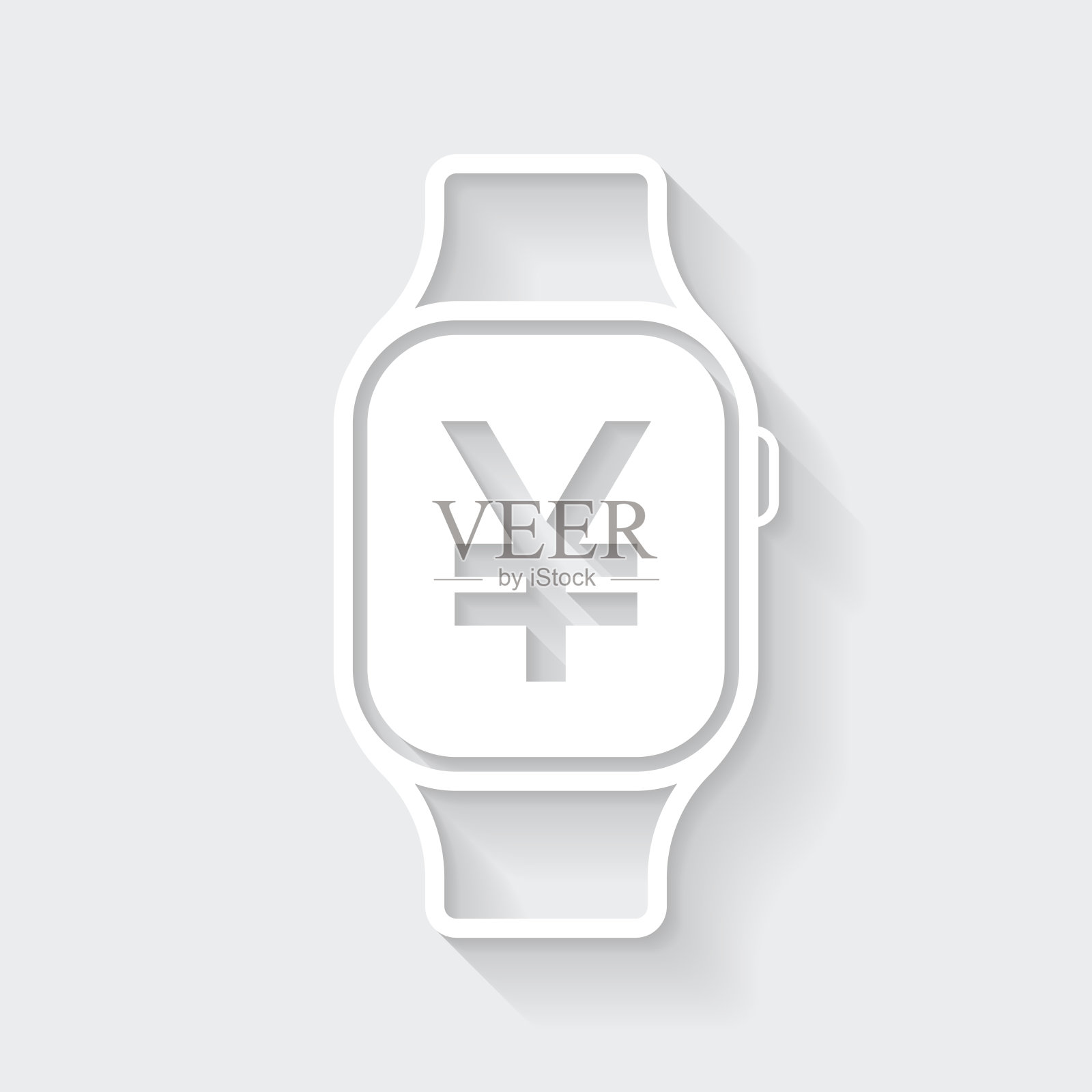 带有Yen符号的智能手表。图标与空白背景上的长阴影-平面设计插画图片素材