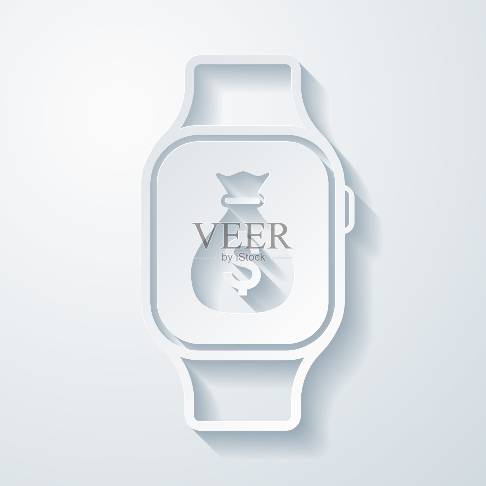带钱袋的智能手表。空白背景上剪纸效果的图标插画图片素材