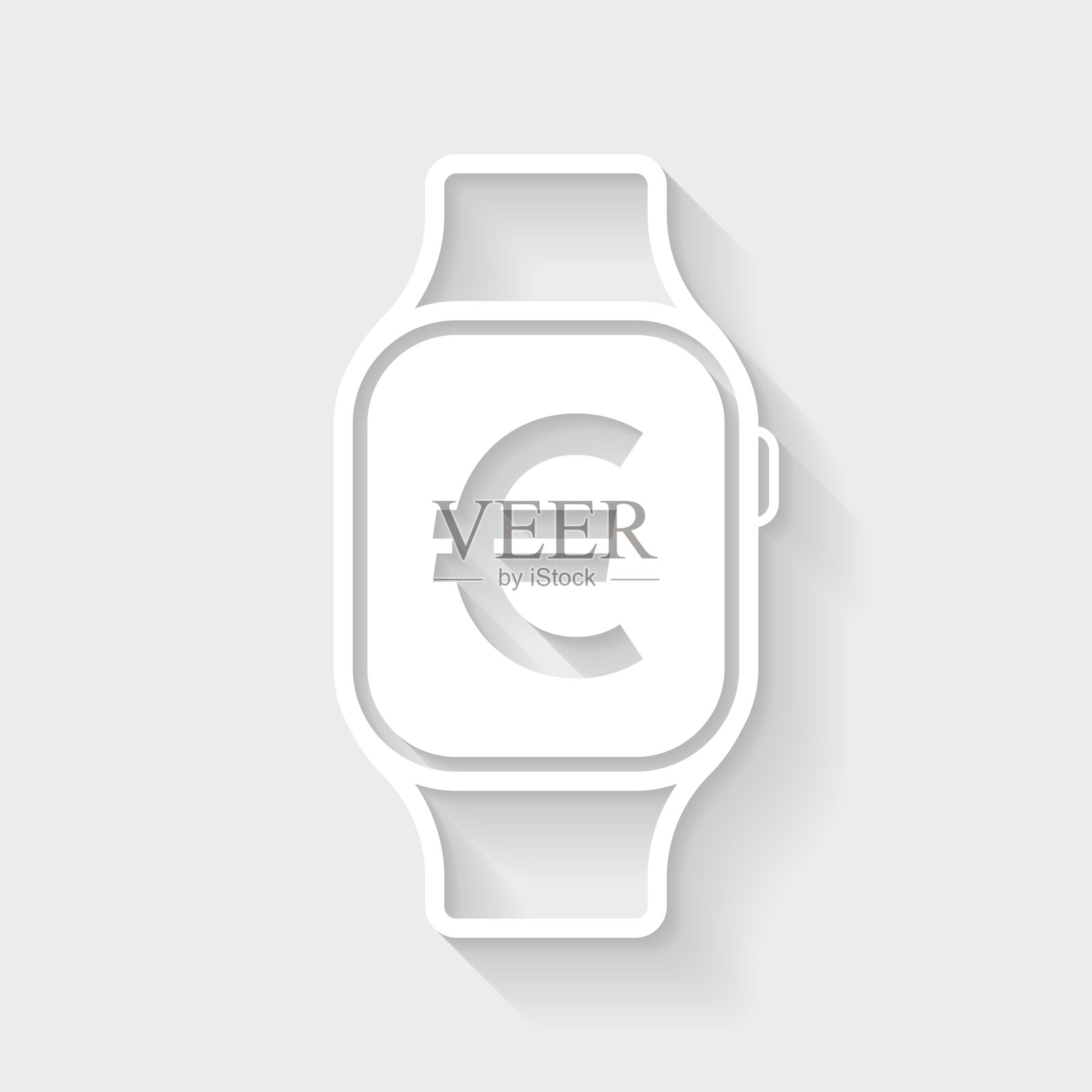 带有欧洲标志的智能手表。图标与空白背景上的长阴影-平面设计插画图片素材
