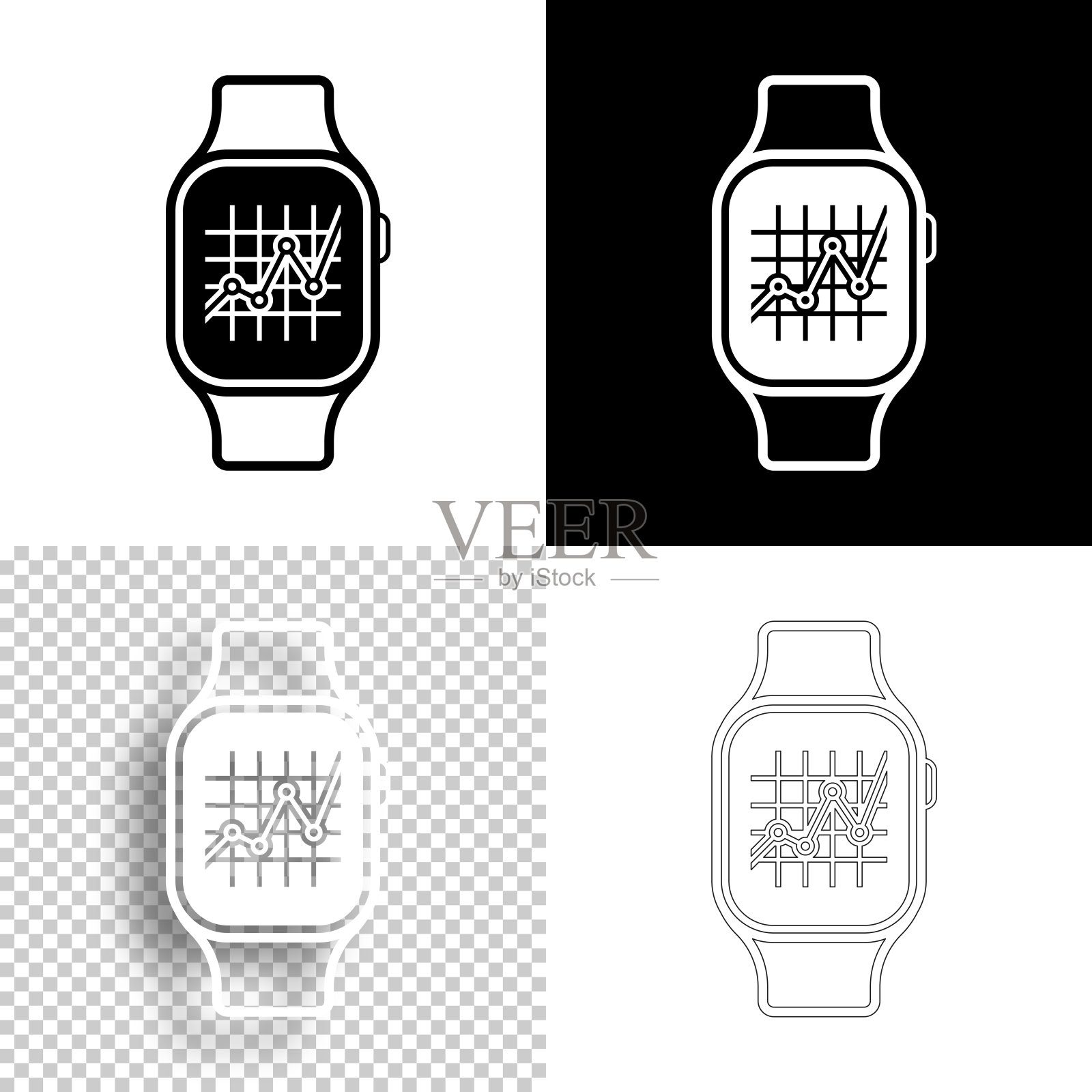 Smartwatch图。图标设计。空白，白色和黑色背景-线图标插画图片素材