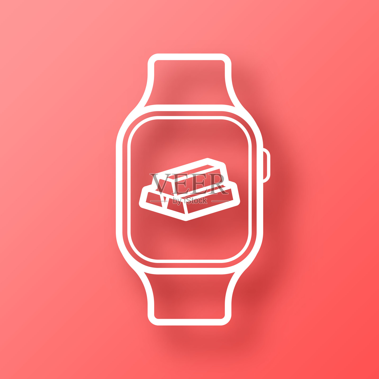 配有金条的智能手表。图标在红色背景与阴影插画图片素材